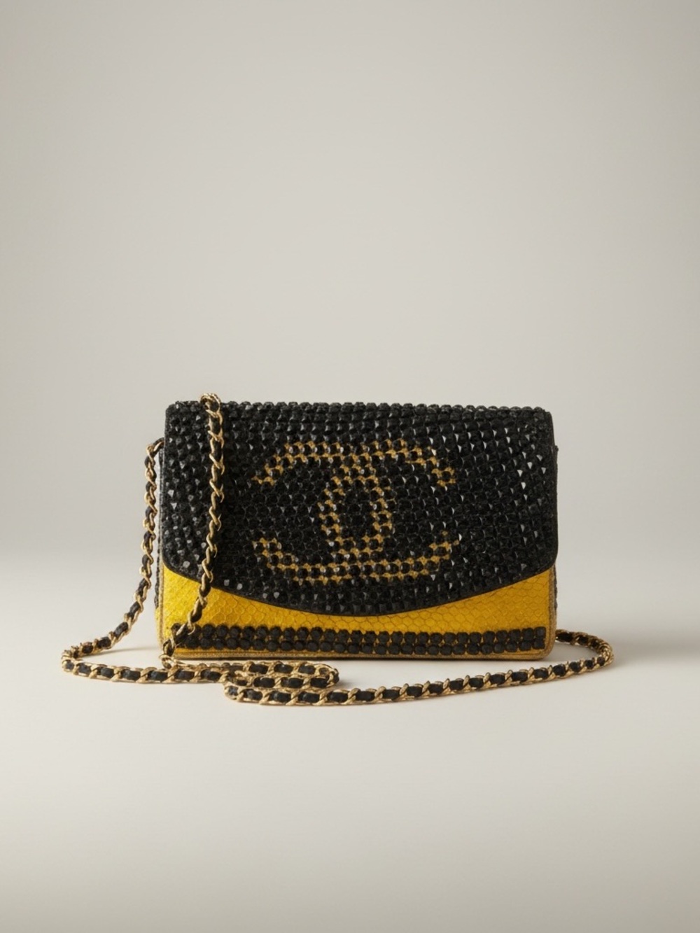 CHANEL Black and Yellow Studded Flap Clutch - Picture 2 of 7
